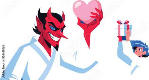 Manipulative Devil Offering Heart Gift Toxic Relationship Concept Vector Illustration