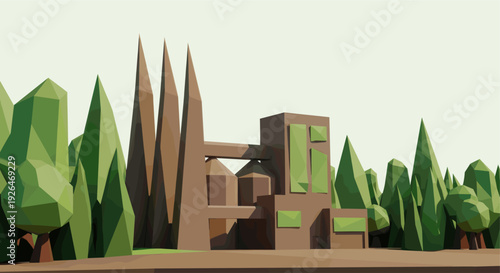 Low poly building stands amongst stylized green trees under a clear sky, featuring a minimalist aesthetic, perfect for backgrounds or conceptual illustrations.