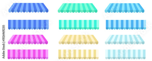 Striped Shop Awnings Set: Vector Illustration of Vintage Market Canopies Isolated on Light Background