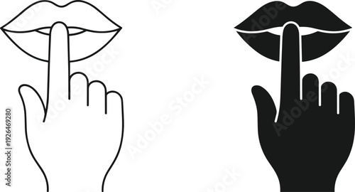 Shh silence gesture icon with finger on lips in outline and solid style isolated on white background vector illustration