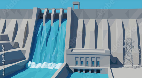 Low polygon vector art of hydroelectric dam with flowing water generating clean renewable power and electricity from a power station, against a clear blue sky.
