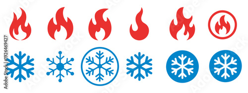 Hot and cold temperature symbols, fire, snowflake vector, climate, weather, thermal, heating, cooling, seasonal, energy, icon design, digital illustration