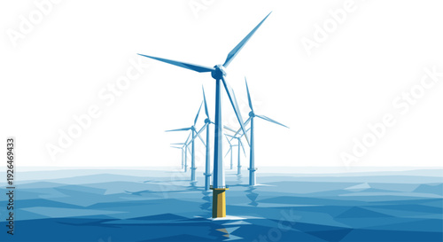 An illustration of wind turbines generating power at sea; the graphic rendering conveys sustainable energy solutions and technology in a modern, clean style.