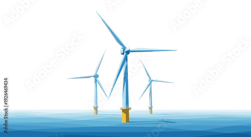 Three offshore wind turbines generate power on a flat blue ocean with a bright white sky, illustrating renewable energy technology. The minimalist design conveys a sense of clean energy.