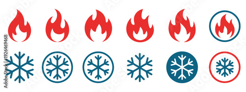 Hot and cold temperature vector icon, fire, snowflake symbols, weather, climate, thermal, energy, heating, cooling, seasonal, digital illustration