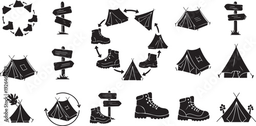 Camping icons and signs for outdoor adventure travel guides