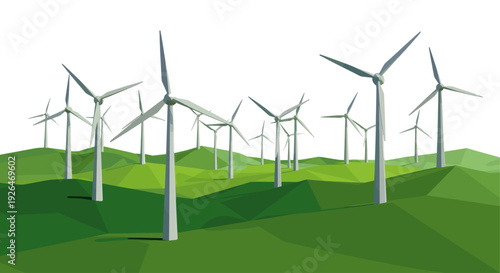 A field of wind turbines stands tall on rolling green hills, generating clean, renewable energy against a stark white sky, ideal for environmental and technological concepts.