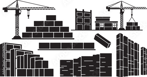 Construction site with cranes and stacked bricks illustration design