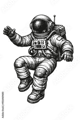 Detailed Vintage Engraved Astronaut Floating in Zero Gravity, a Retro Hand-Drawn Monochrome Woodcut Illustration of a Cosmic Explorer on an Interstellar Journey, Capturing the Mystical Allure of Space
