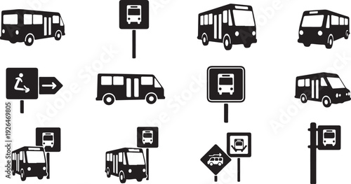 Black and white bus icons and signs collection
