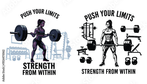 Weightlifting illustration featuring a strong woman and gym equipment promoting inner strength