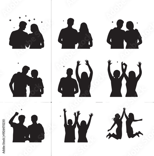 black silhouettes of people in various poses and interactions