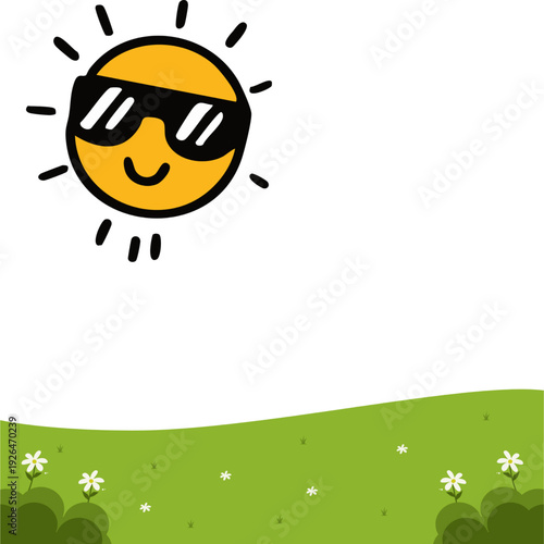 Happy sunny day with smiling sun wearing sunglasses