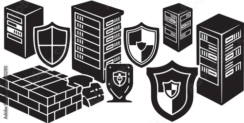 Cybersecurity concept with shields and server icons in black