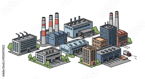 Industrial complex showcasing various factory buildings with chimneys and structures, representing manufacturing and production.