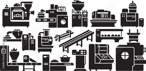 Coffee Factory Equipment and Machinery Icons Set Illustration