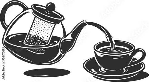 Black and White Teapot Pouring Tea into Cup Vector Illustration.