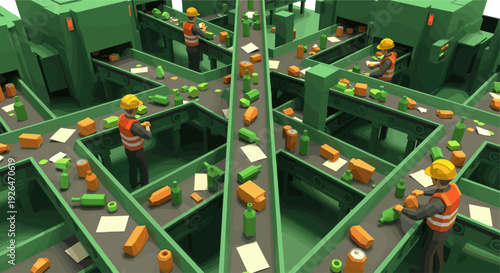 Illustration of workers in safety gear manually sorting recyclable materials, including glass bottles, aluminum cans, and cardboard, on a complex network of green conveyor belts.