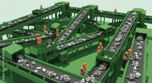 Illustration of workers in orange vests sorting gray and white rocks on several layers of green conveyor belts in a factory setting, conveying industrial processes.