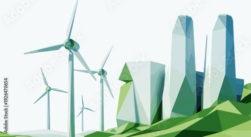 Stylized illustration of wind turbines generating clean energy near abstract buildings, symbolizing sustainability, green technology, and environmentally conscious urban planning.