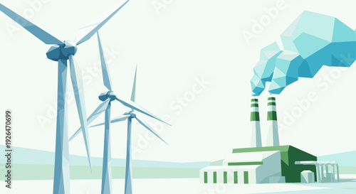 A stylized illustration showing wind turbines alongside a factory with smokestacks, representing contrasting energy sources in cool, low-poly tones.