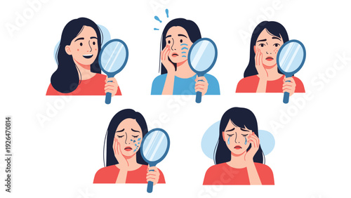 Sequence of illustrations showing a young woman examining her face in a mirror while dealing with various skin issues.