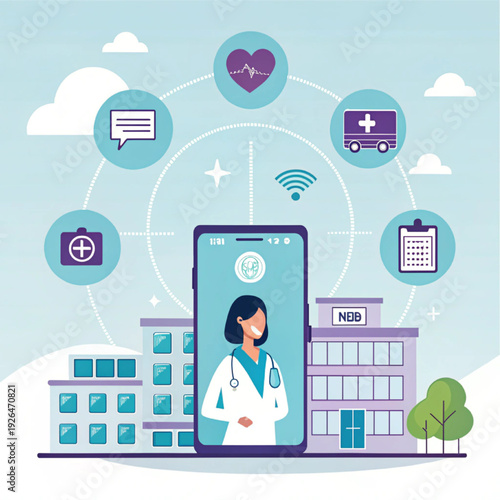 Telemedicine Vector Illustration – Remote Healthcare Consultation and Digital Health Technology