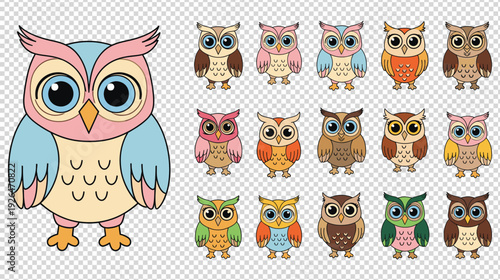 A collection of colorful and cute cartoon owls illustrated