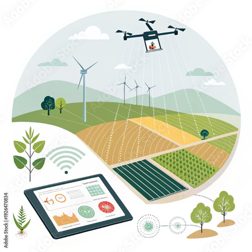 Smart Agriculture Technology Vector Illustration – AgriTech Automation and IoT Farming System 