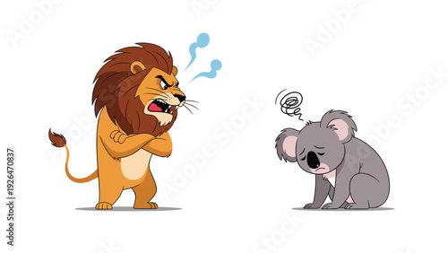 Angry lion character with crossed arms is shouting at a sad and discouraged koala on a plain white background.