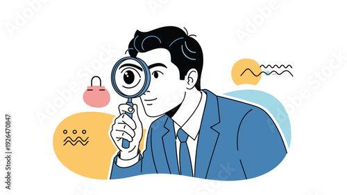 Professional businessman in a blue suit is holding a magnifying glass to his eye to inspect details or search for info.