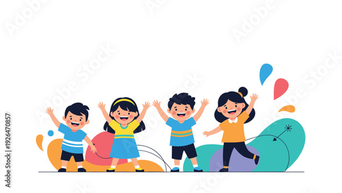 Group of four diverse happy children are jumping and cheering with their arms raised in a celebratory vector scene.