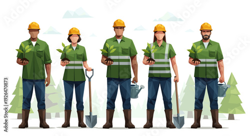 Group of diverse workers holding seedlings, shovel and watering can. Wearing safety vests and hard hats, they represent a sustainable workforce promoting growth and environmental responsibility.