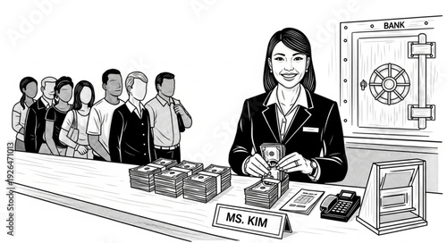 Bank Teller Counting Money Behind Counter.