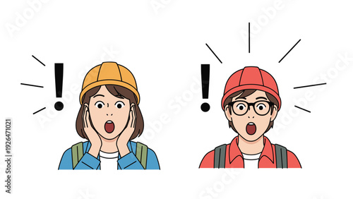 Man and woman wearing safety helmets look shocked and surprised with exclamation marks displayed next to their heads.