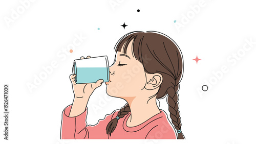 Profile view of a young girl with braided hair drinking a glass of water to stay hydrated on a white background.