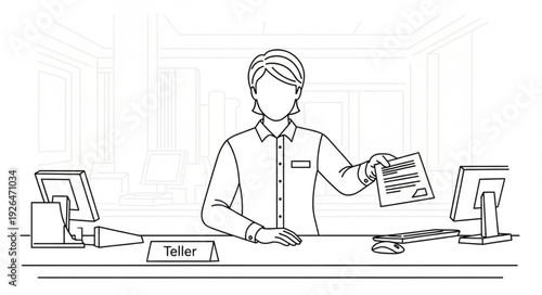 Bank Teller Holding Documents at Counter.