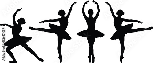 Ballet Dancer Silhouette Collection Featuring Graceful Female Ballerinas in Classical Dance Poses with Tutu Isolated Vector Illustration Set