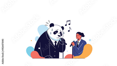 Sad panda in a suit and a concerned man are singing into microphones with music notes floating in the background.