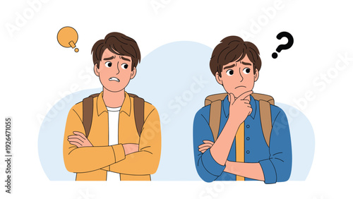 Two young men with backpacks look confused and uncertain with thinking bubbles and question marks above them.