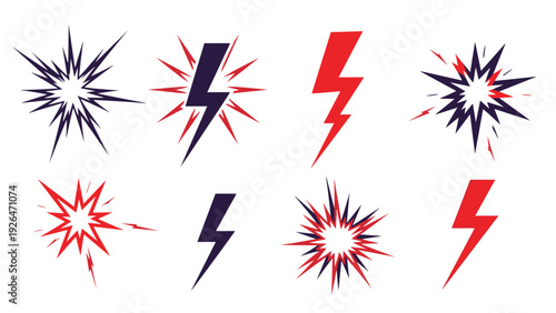 Diverse collection of eight dynamic icons representing lightning bolts and explosive blasts in red and dark blue.