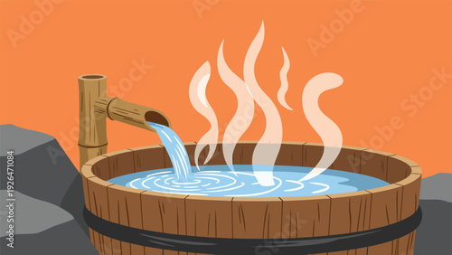 Traditional japanese hot spring scene featuring a bamboo water spout pouring into a steaming wooden onsen tub.
