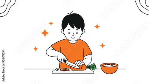 Smiling young boy is carefully chopping a fresh orange carrot on a white cutting board in a clean kitchen scene.