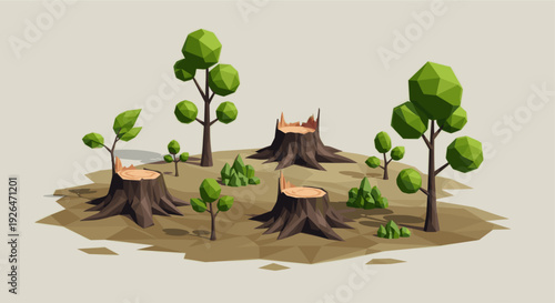 Low poly illustration depicts tree stumps, saplings, and small bushes on polygon patterned ground; a stylized environmental graphic on deforestation or new growth.