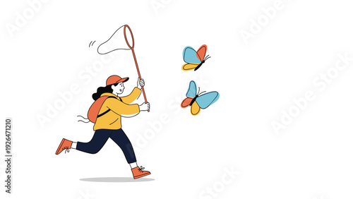 Cheerful young girl dressed as an explorer running with a large net to catch beautiful colorful butterflies outdoors.