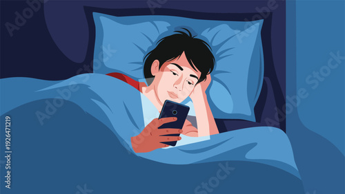 Young person lying in bed at night using a smartphone in a dark room with the screen light illuminating their face.