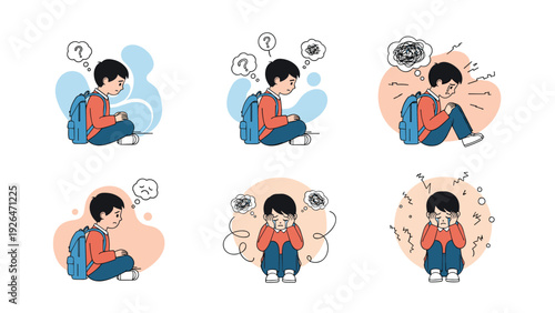 Sequence of illustrations showing a young student with a backpack going through different stages of crying and sadness.
