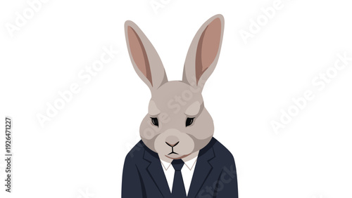 Sad rabbit character wearing a formal business suit and necktie looking down with a very melancholy facial expression.