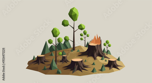 Low poly landscape featuring tree stumps and remaining trees, illustrating deforestation and environmental issues with a simple, modern graphic style and desaturated color palette.