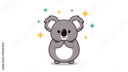 Cute cartoon koala character standing with its paws together surrounded by sparkling stars in a clean illustration.